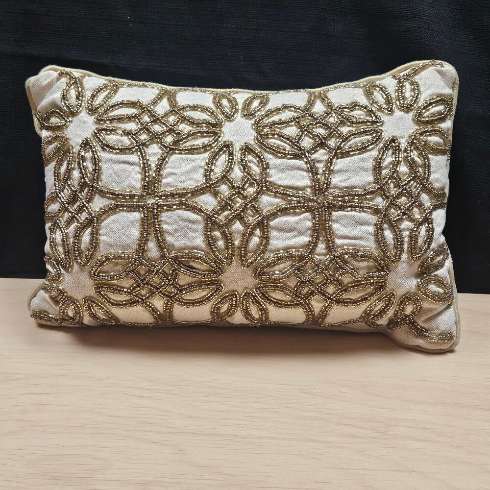 Luxury Lumbar Pillow Itricate Gold Beaded Geometric Lattice Pattern Global Chic